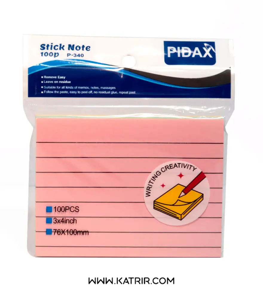 یادداشت چسبدار پیداکس ( Pidax ) مدل خط دار 4 رنگ ، سایز 76*100 میلی متر ، کد 340