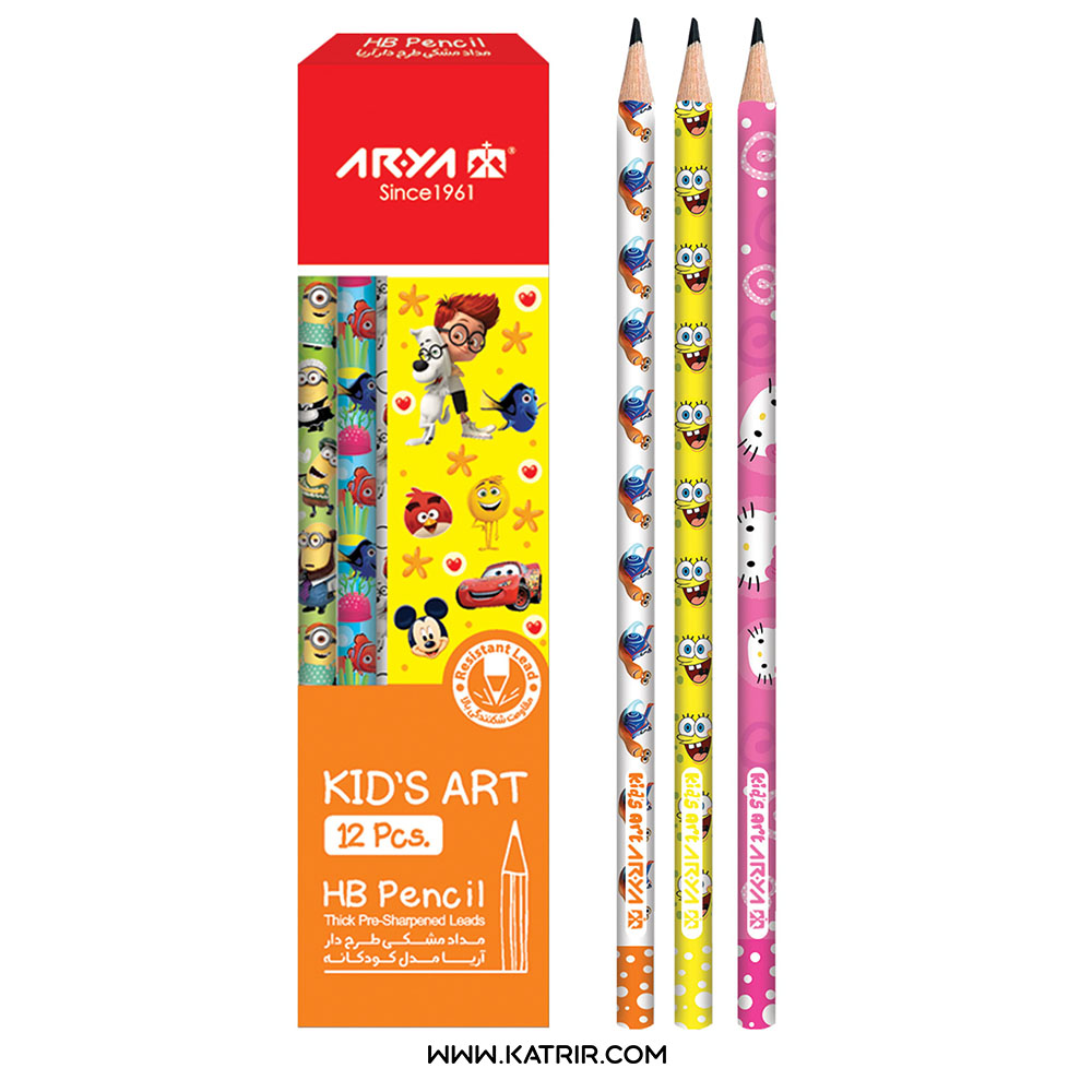 مداد مشکی طرحدار آریا ( Arya ) مدل کودکانه ( KidsArt ) - کد 3047 ( بسته 12 عددی )